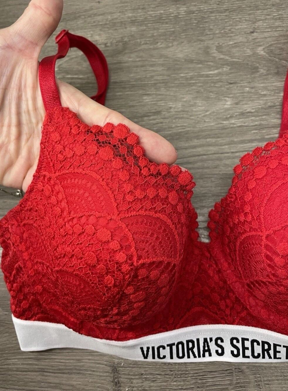 Victoria's Secret Red Lace Push-Up Bra White Logo Band Sexy Underwire 32C